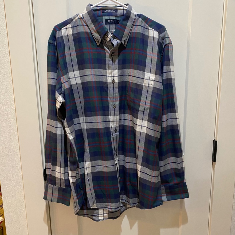 Lincs DC & Co Mens Large Plaid Button Down Shirt Blue Green Cotton Long Sleeve